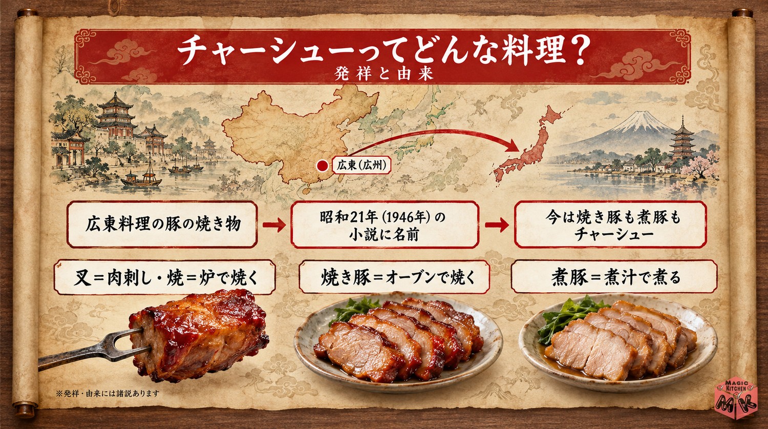 チャーシューの発祥と由来のインフォグラフィック