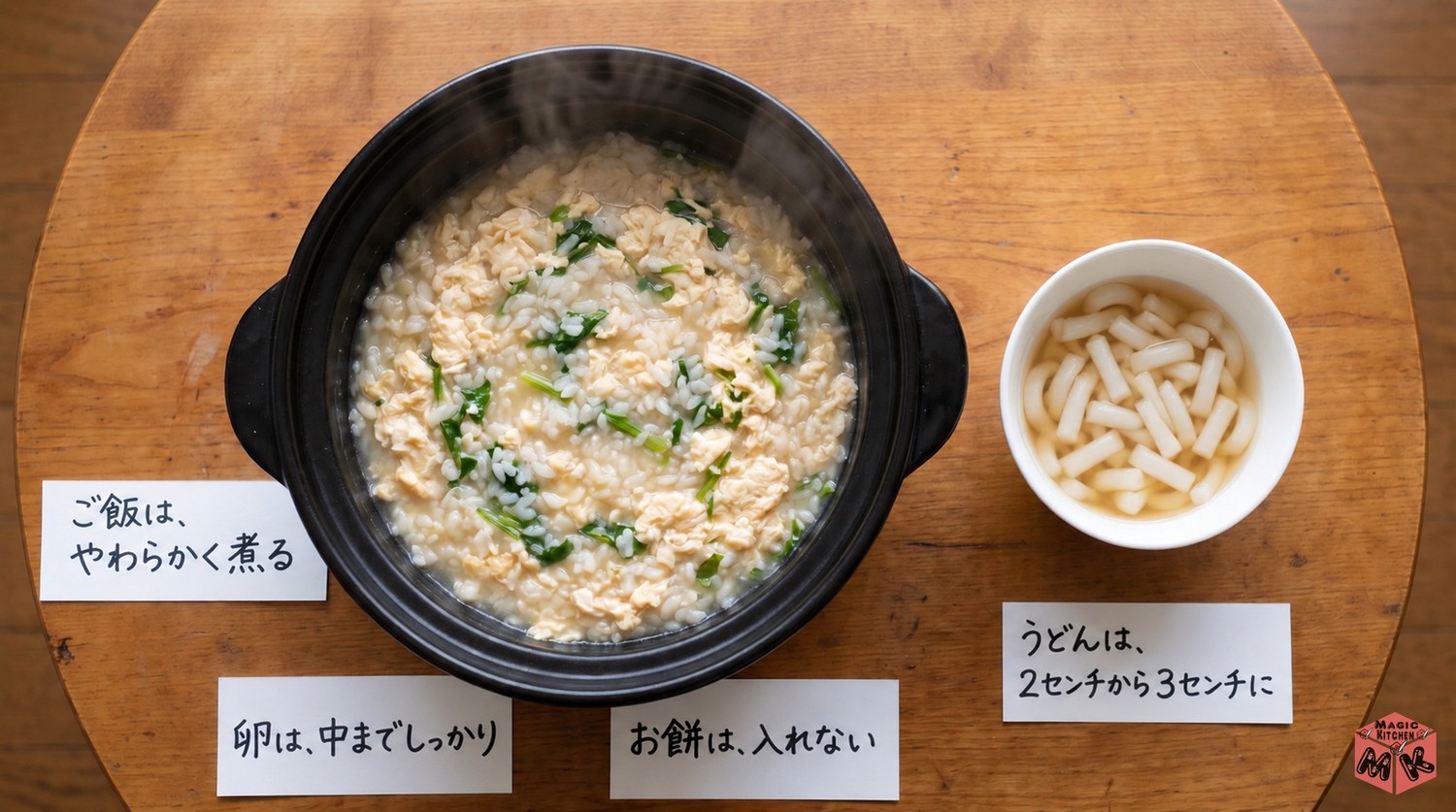 高齢者の鍋の〆の雑炊の工夫