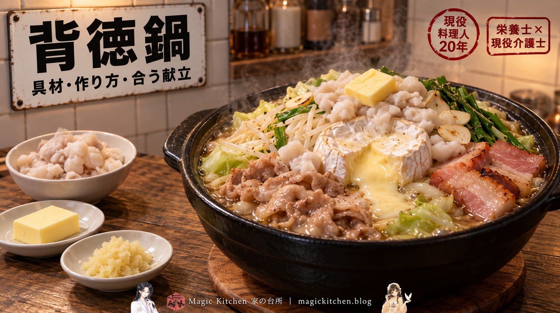 背脂とチーズ、にんにくをのせた背徳鍋