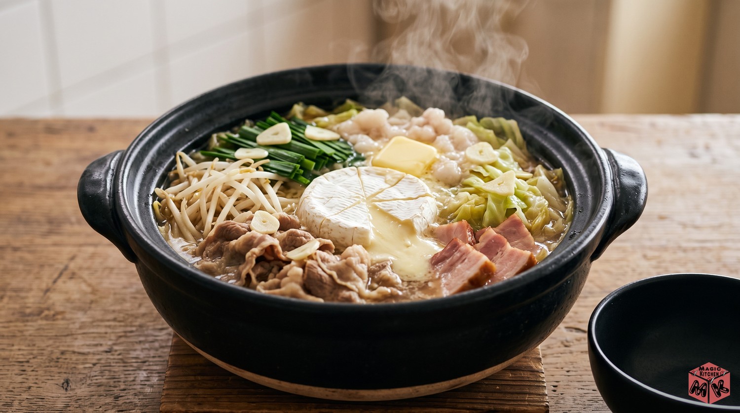 背脂とチーズ、にんにくをのせた背徳鍋