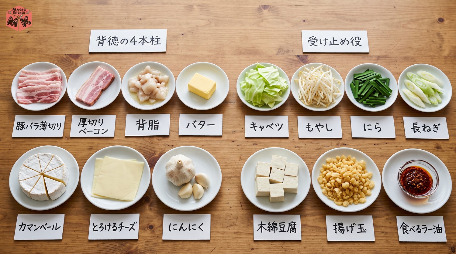 背徳鍋の具材の4本柱と受け止め役