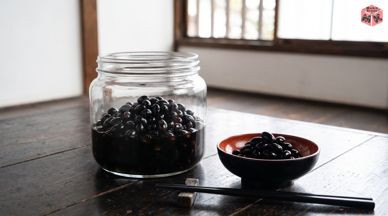 保存容器の黒豆と乾燥黒豆の麻袋