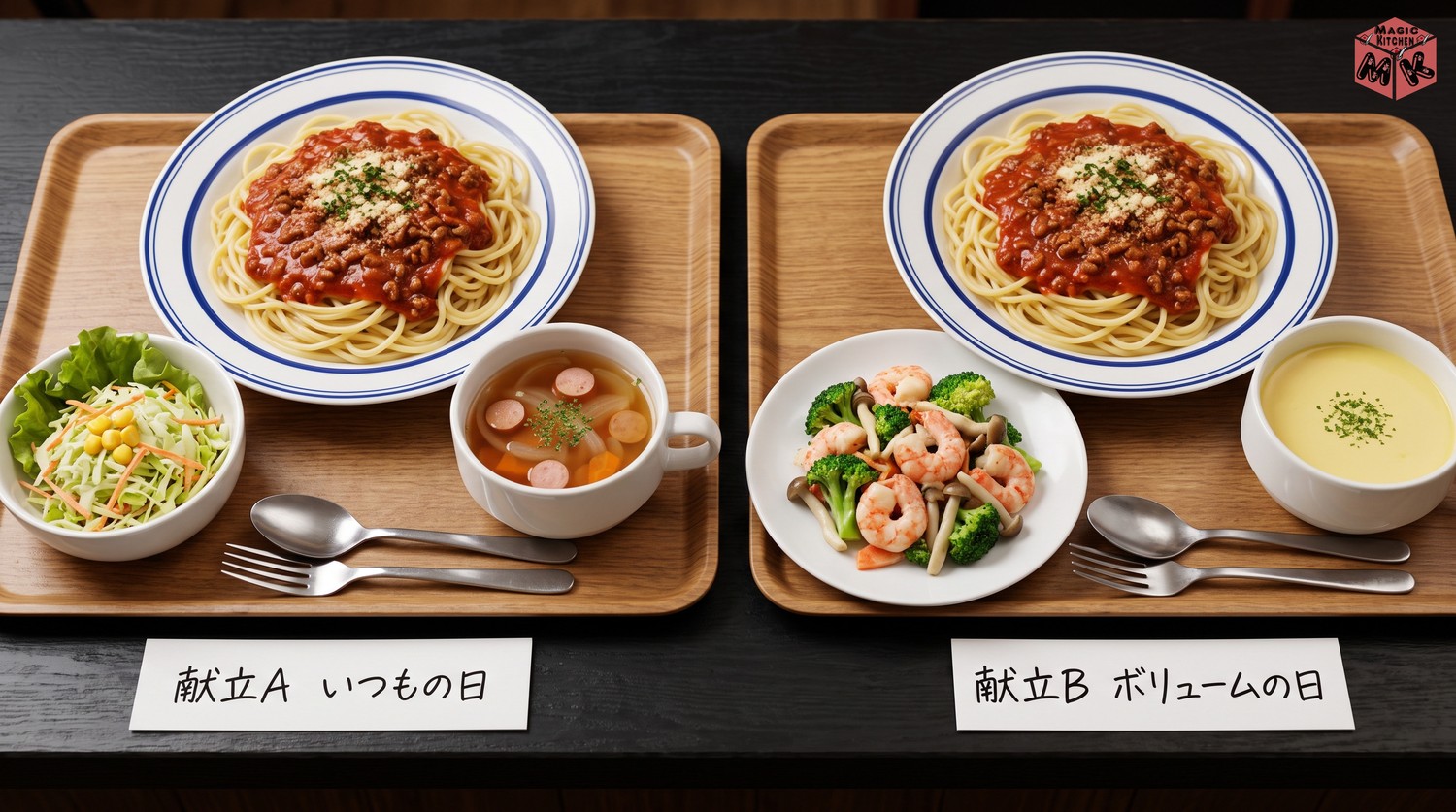 ミートソースの献立例AとB