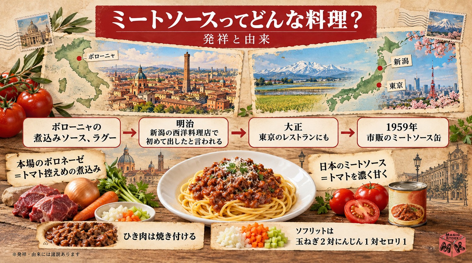 ミートソースの発祥と由来のインフォグラフィック