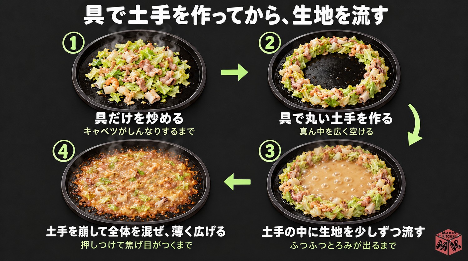 もんじゃ焼きの具を入れる順番と土手の作り方