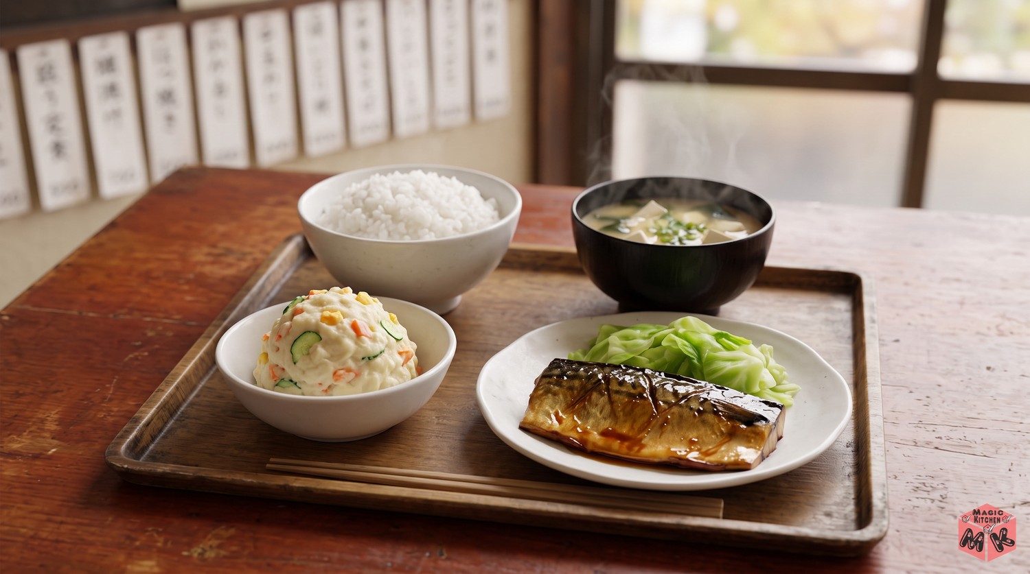 ポテトサラダと鯖の照り焼きの定食
