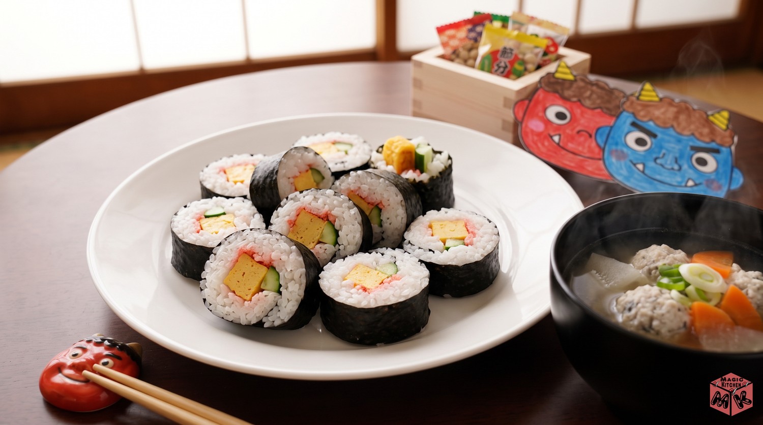 子どもと祝う節分の細巻きの恵方巻とつみれ汁