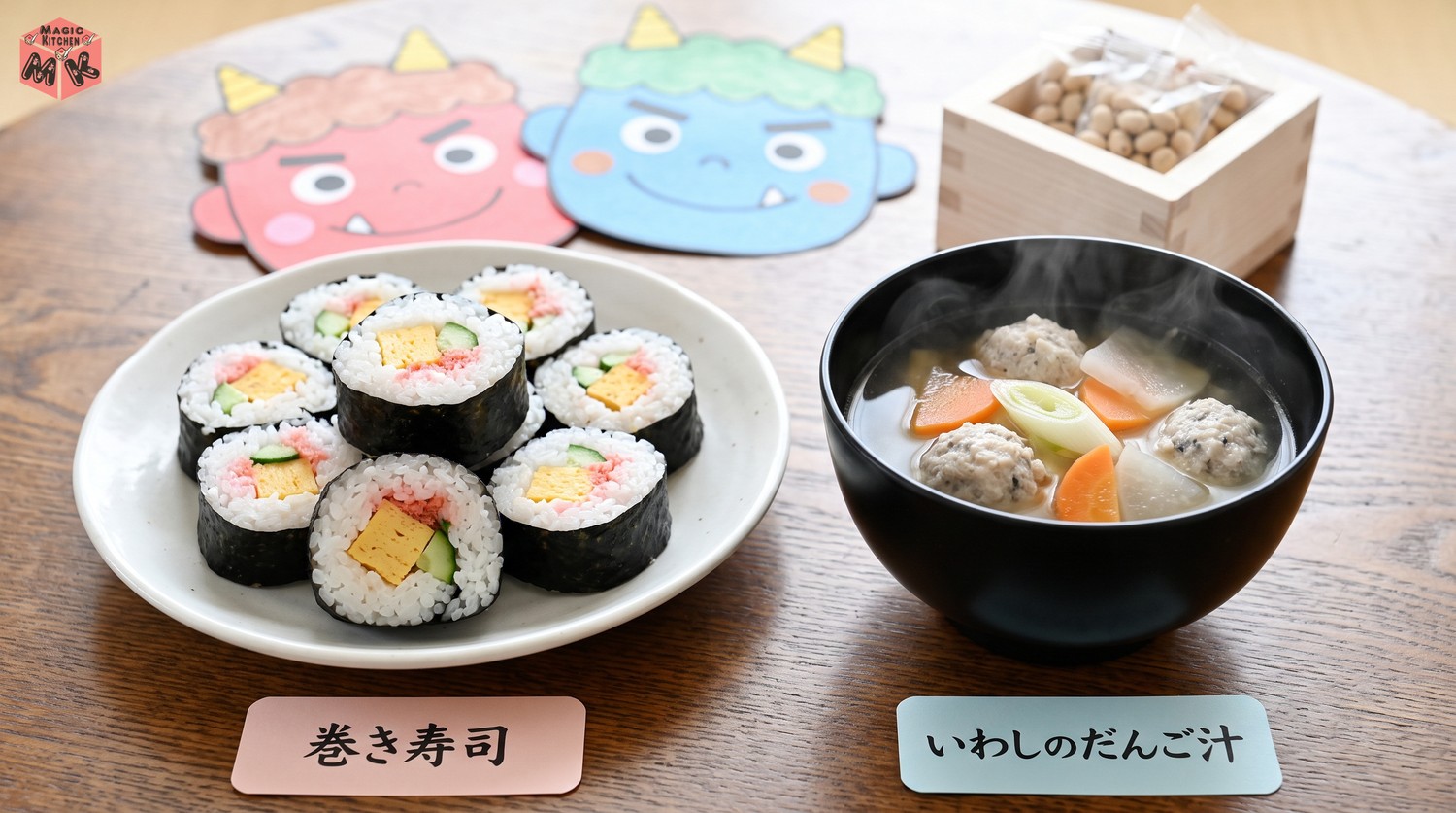 子どもと祝う節分の主役の恵方巻といわしのつみれ汁