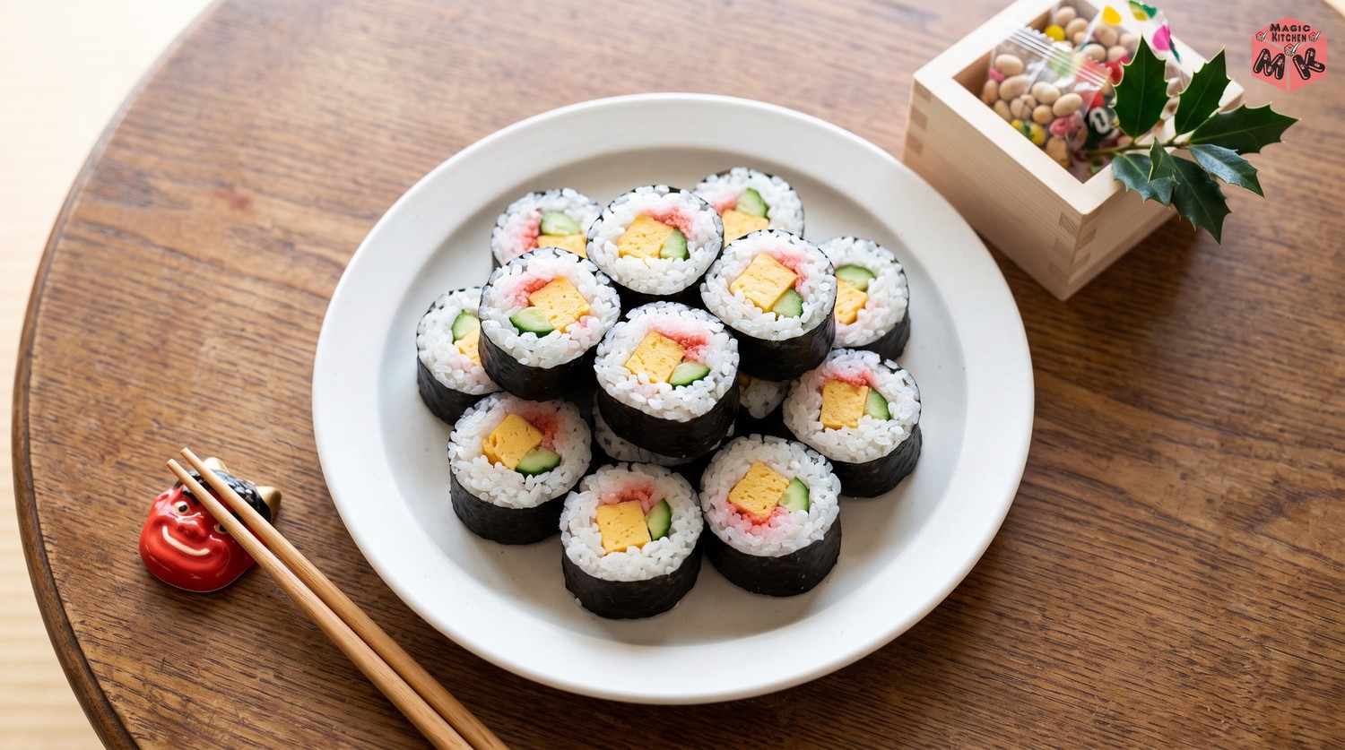 切った細巻きの恵方巻と福豆の枡