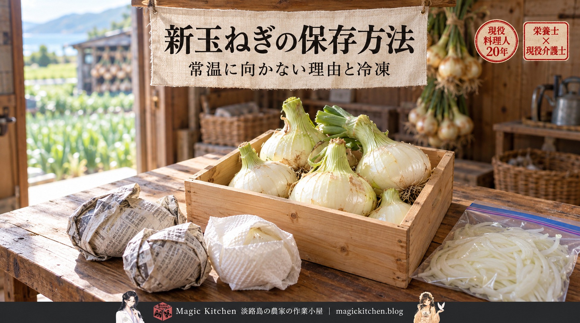 木箱の新玉ねぎと紙で包んだ新玉ねぎ