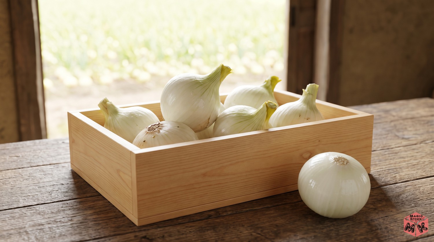 木箱の新玉ねぎと紙で包んだ新玉ねぎ